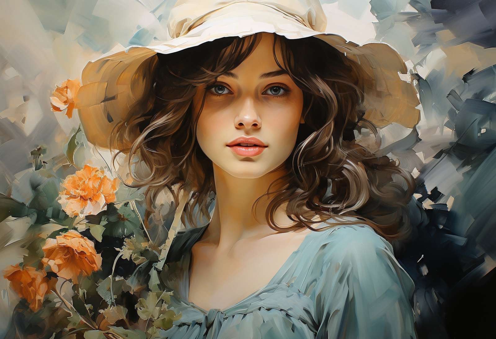 mujer con sombrero con flores rompecabezas en línea