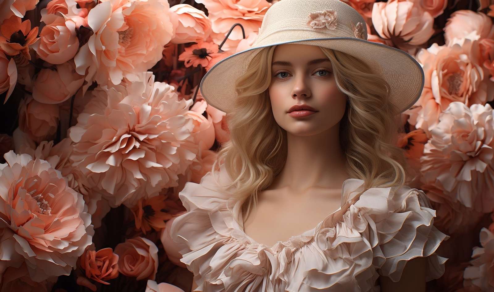 Γυναίκα με ένα φωτεινό καπέλο ανάμεσα στα λουλούδια online παζλ