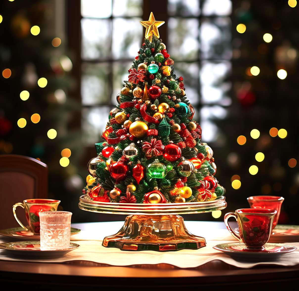テーブルの上の装飾的なクリスマス ツリー オンラインパズル