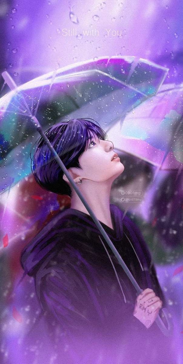 Suga with an umbrella looking up online puzzle