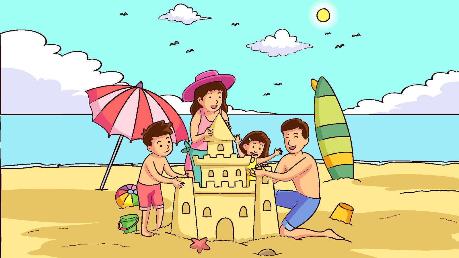 Castelo de areia familia na praia quebra-cabeças online