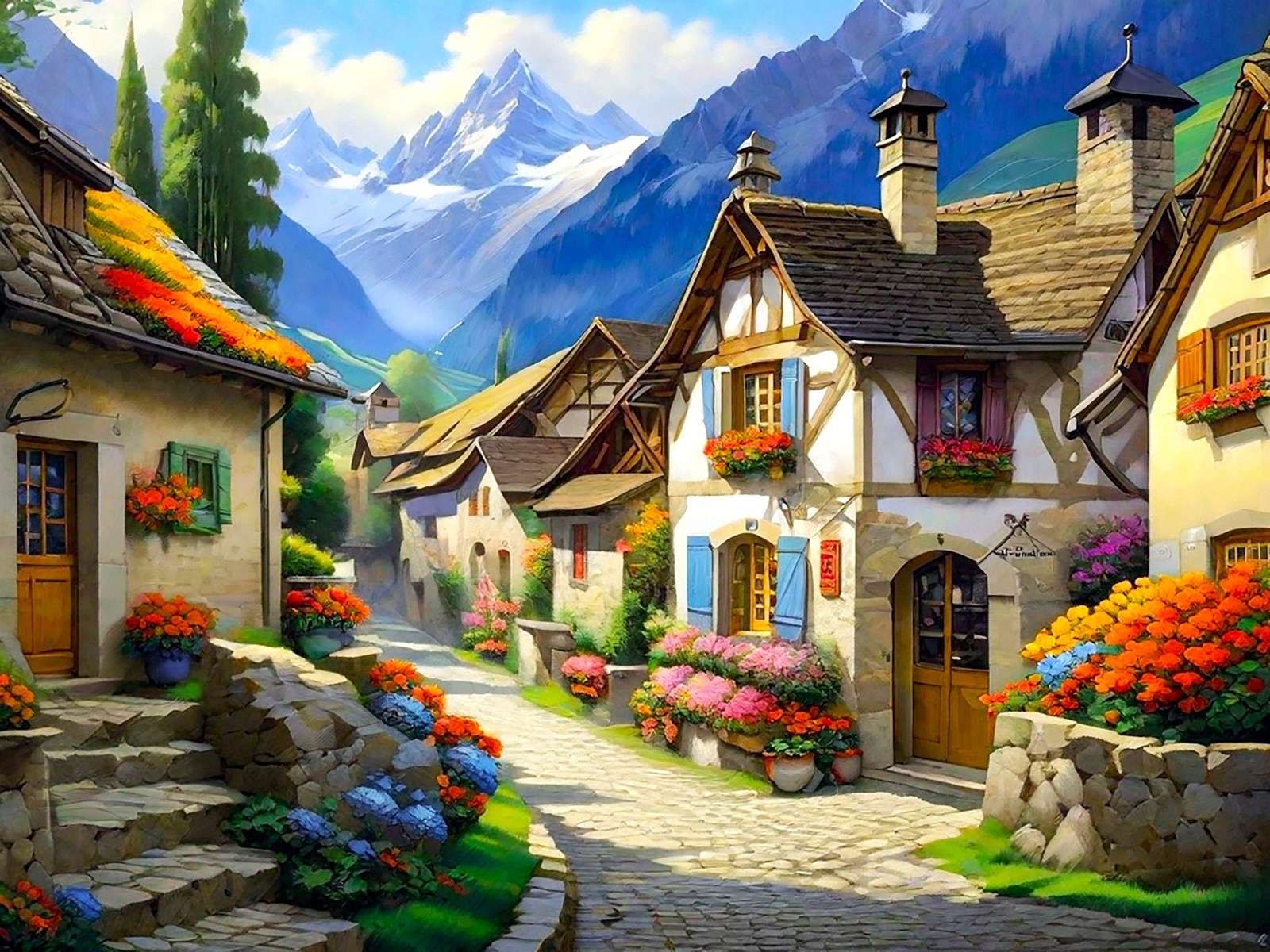 Village de montagne peint puzzle en ligne