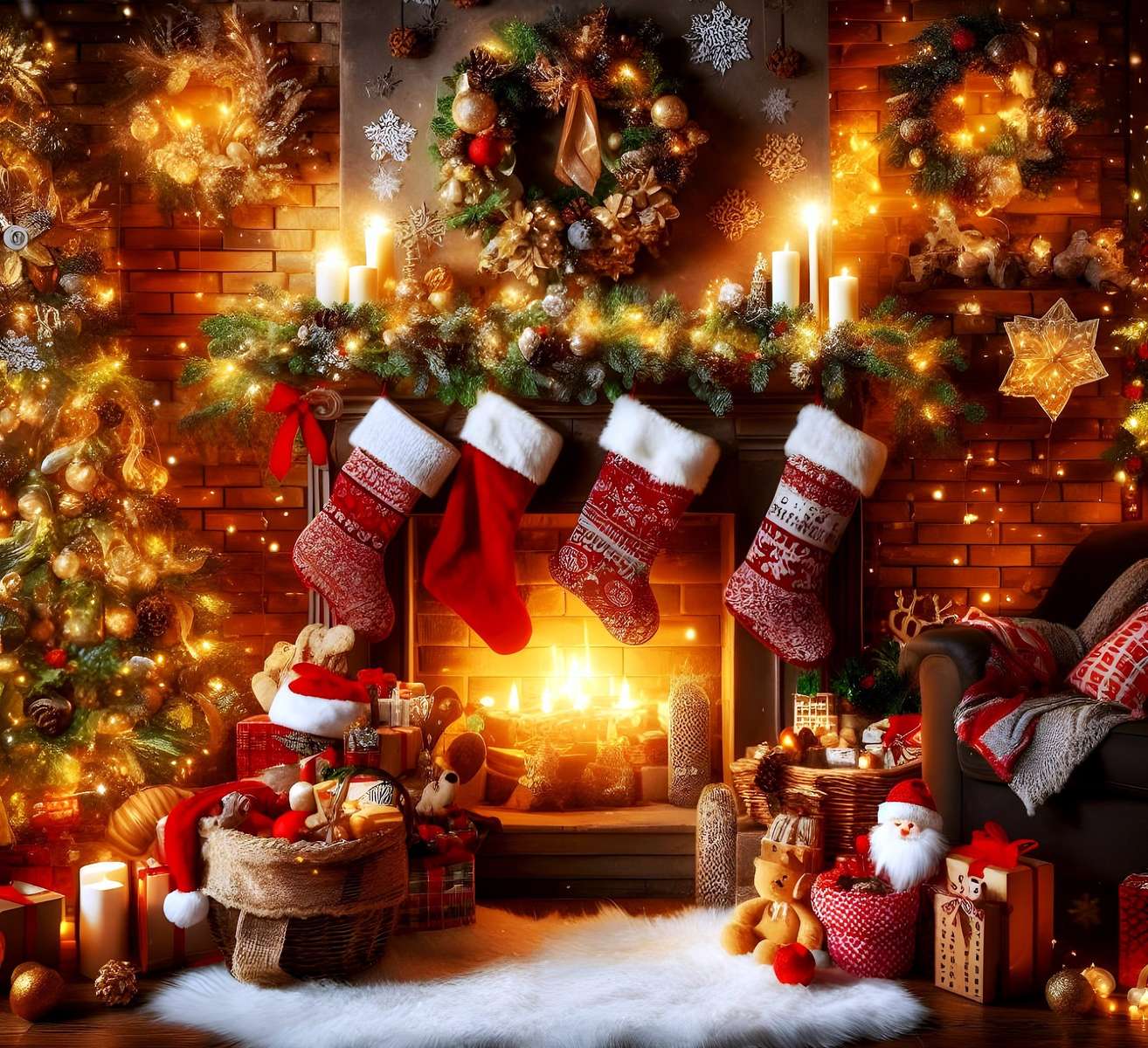 暖炉のそばのクリスマスの靴下 ジグソーパズルオンライン