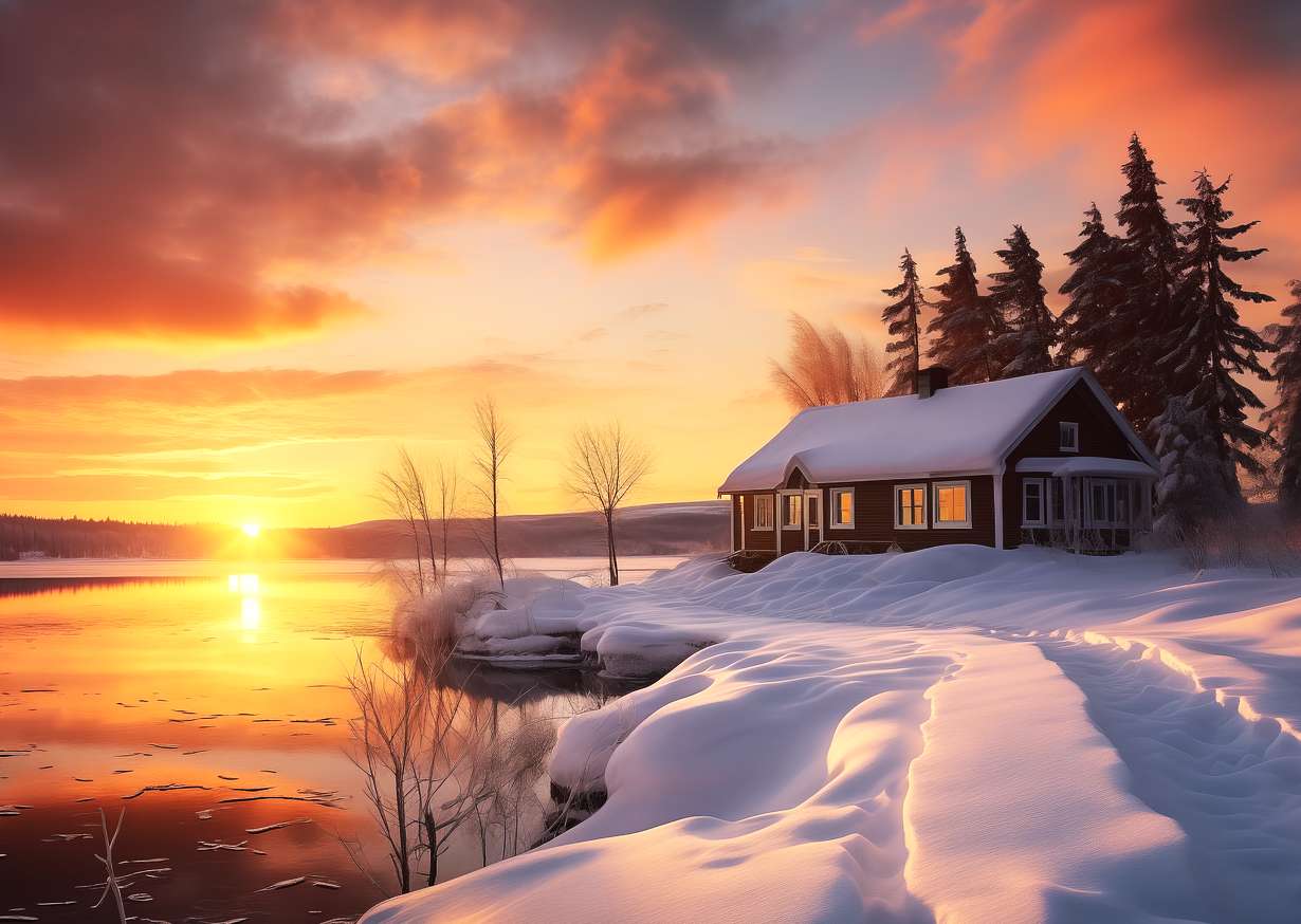 Къща край езерото - зимен пейзаж онлайн пъзел