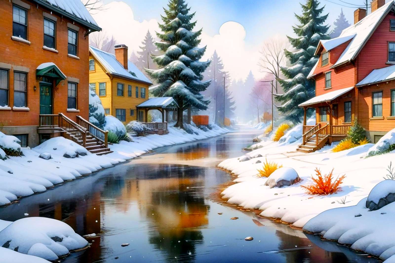 Iarnă într-un sat de lângă râu puzzle online