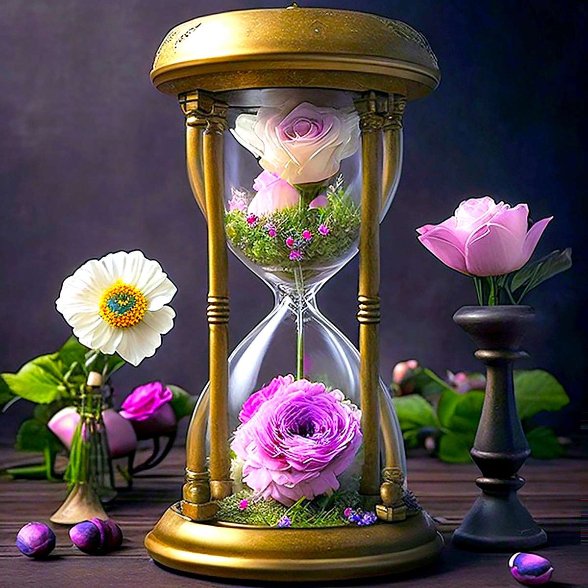 Composição floral com relógio de areia puzzle online