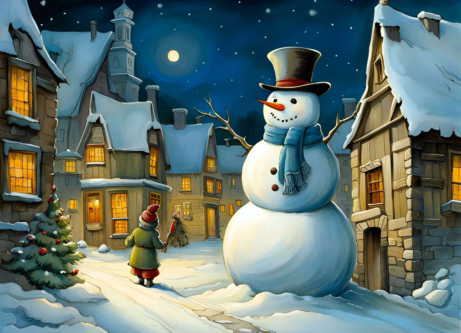En stor snögubbe anlände på julafton Pussel online