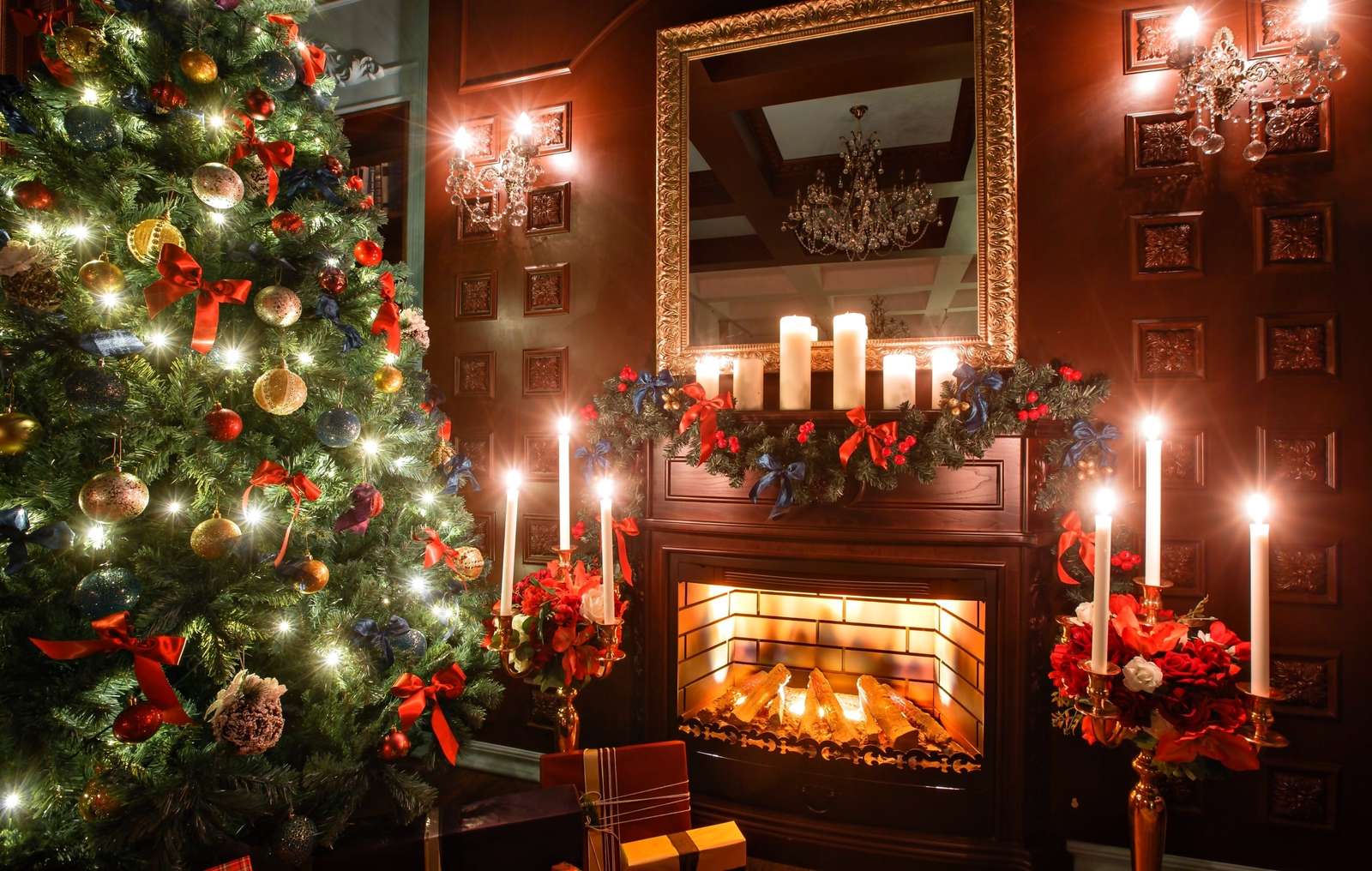 A room with a fireplace decorated for Christmas online puzzle