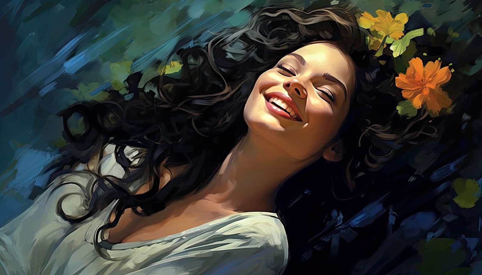 Smiling woman with flowers in her hair online puzzle