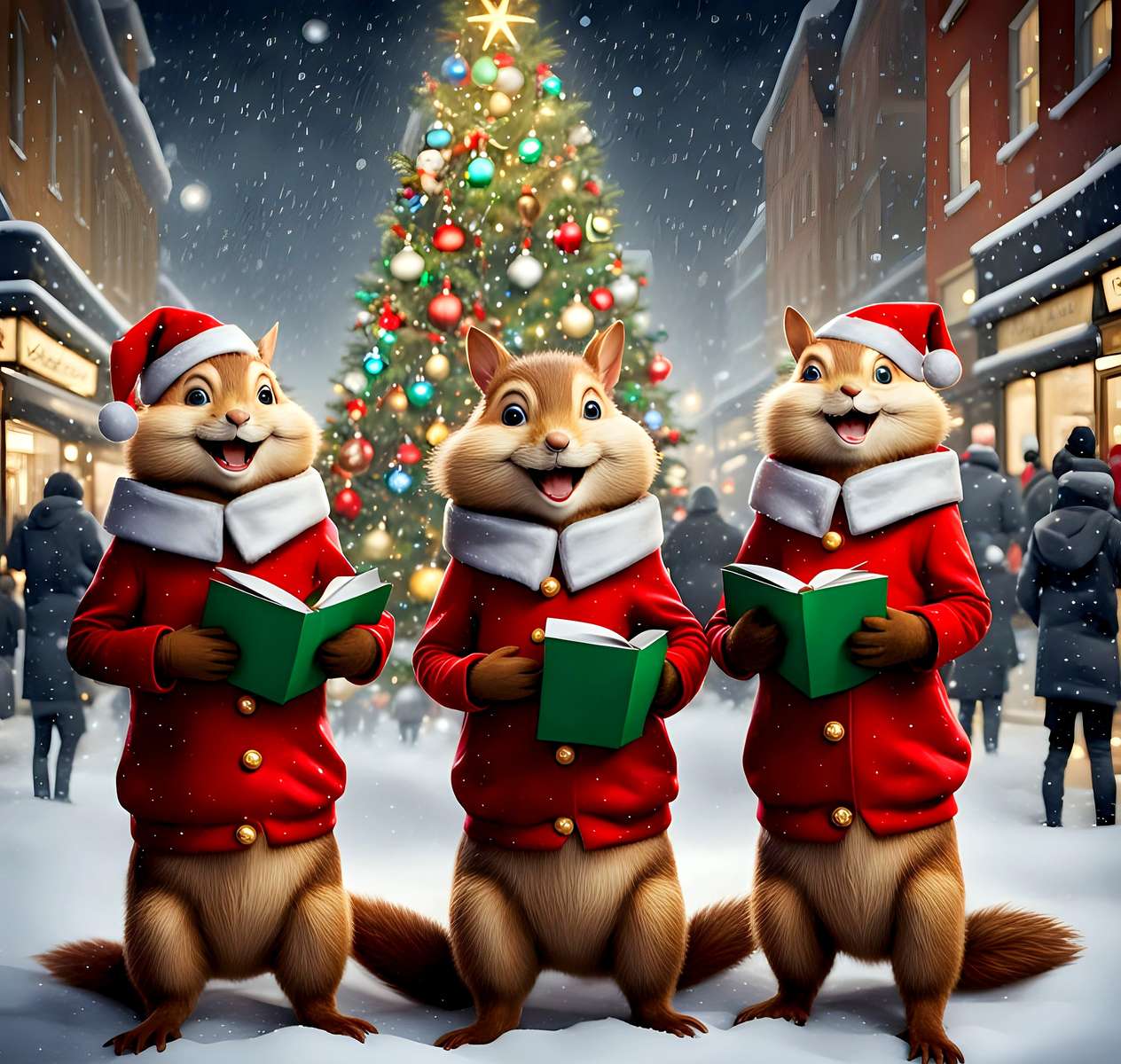 Un cor de veverițe cântă colinde de Crăciun puzzle online