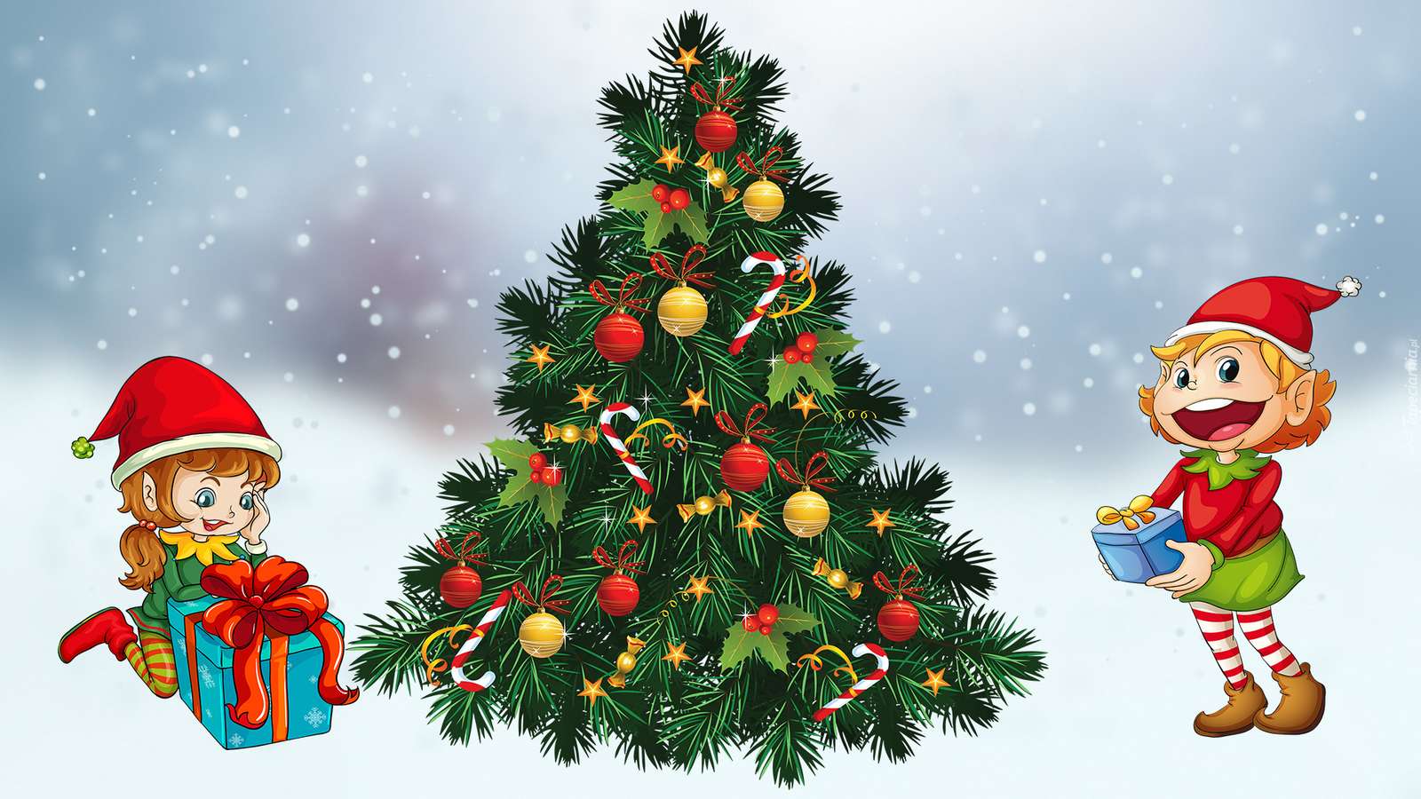 Παιδιά με δώρα δίπλα στο χριστουγεννιάτικο δέντρο online παζλ