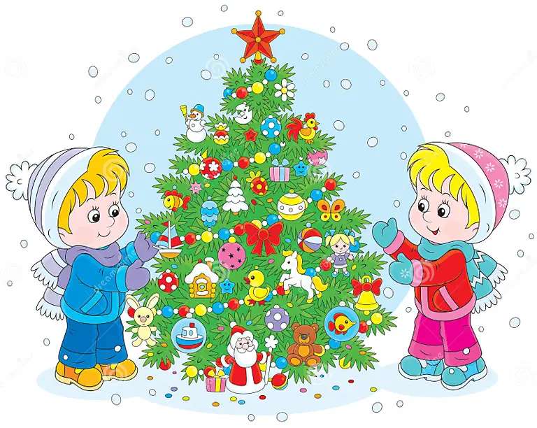 Kinder und Weihnachtsbaum-Vektorillustration. Böse Illustration Puzzlespiel online