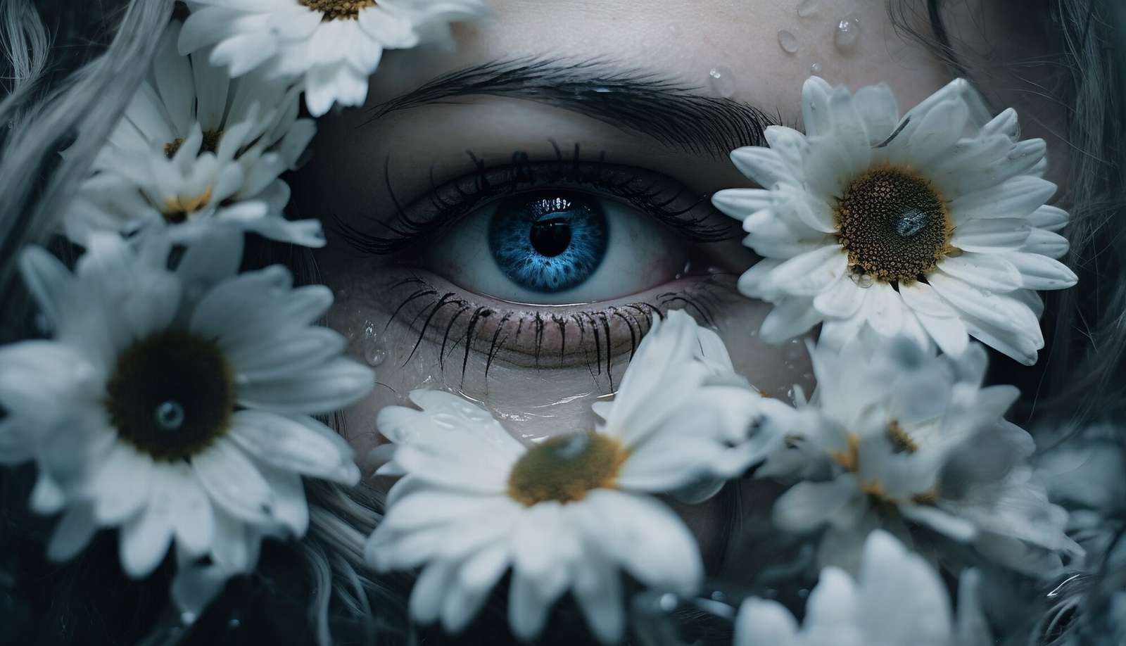 Kék szem körül fehér virágok online puzzle