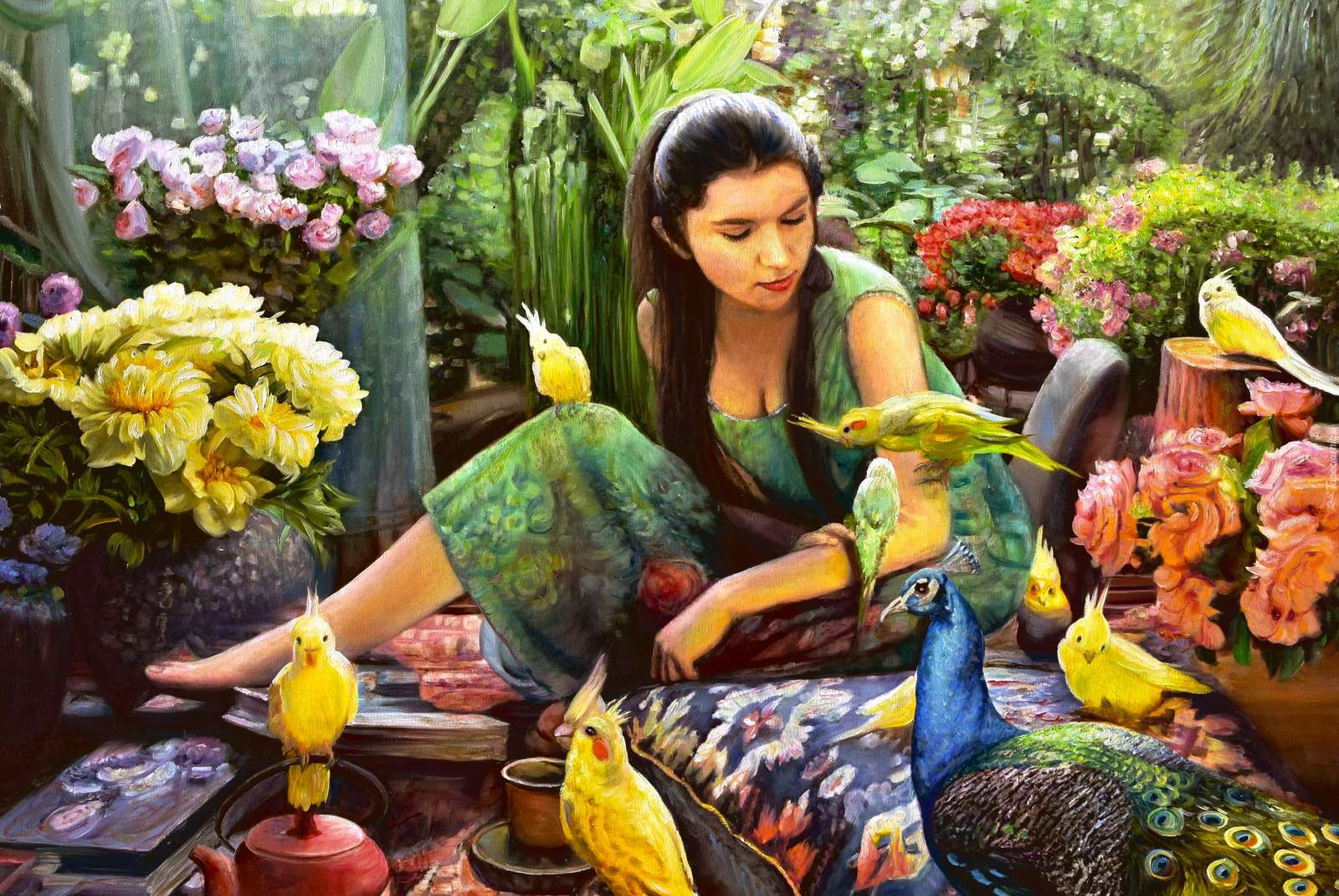 Kvinna omgiven av färgglada blommor och fåglar pussel på nätet