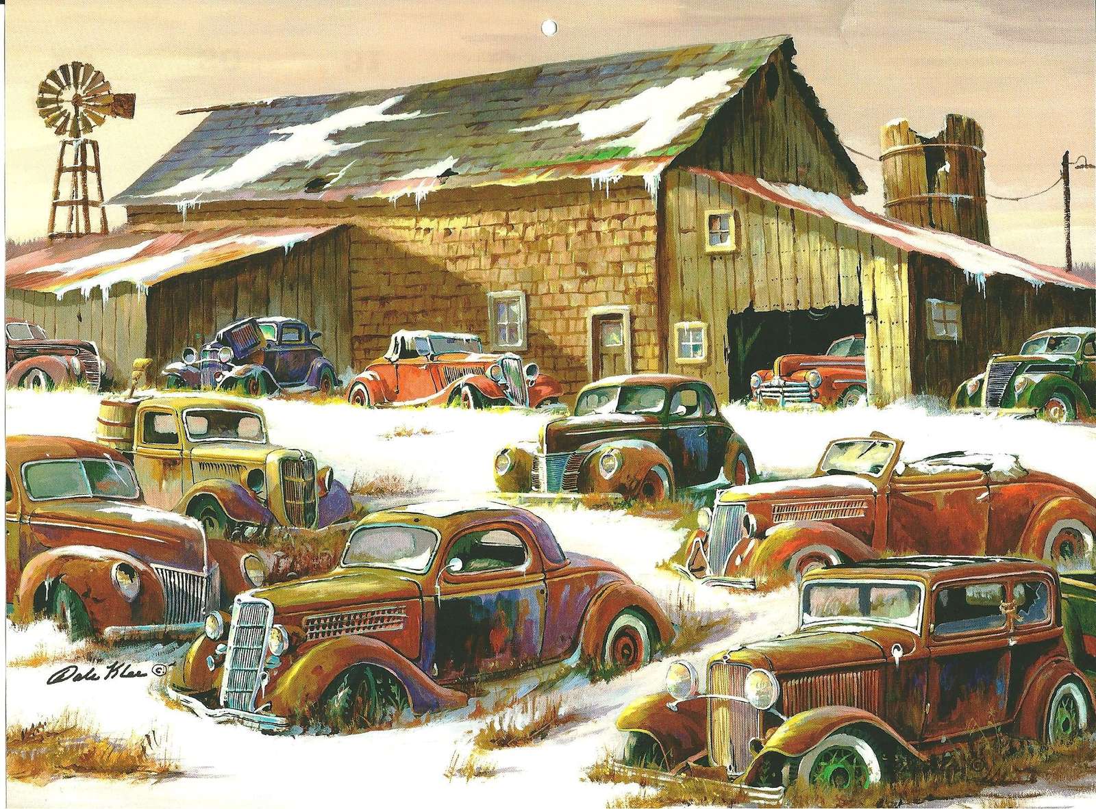 старинные автомобили в снегу онлайн-пазл