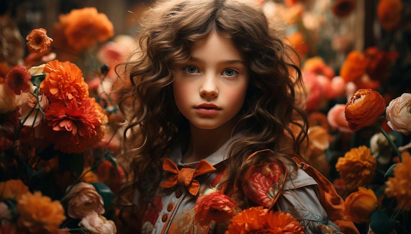 Hosszú hajú lány narancssárga virágokban kirakós online