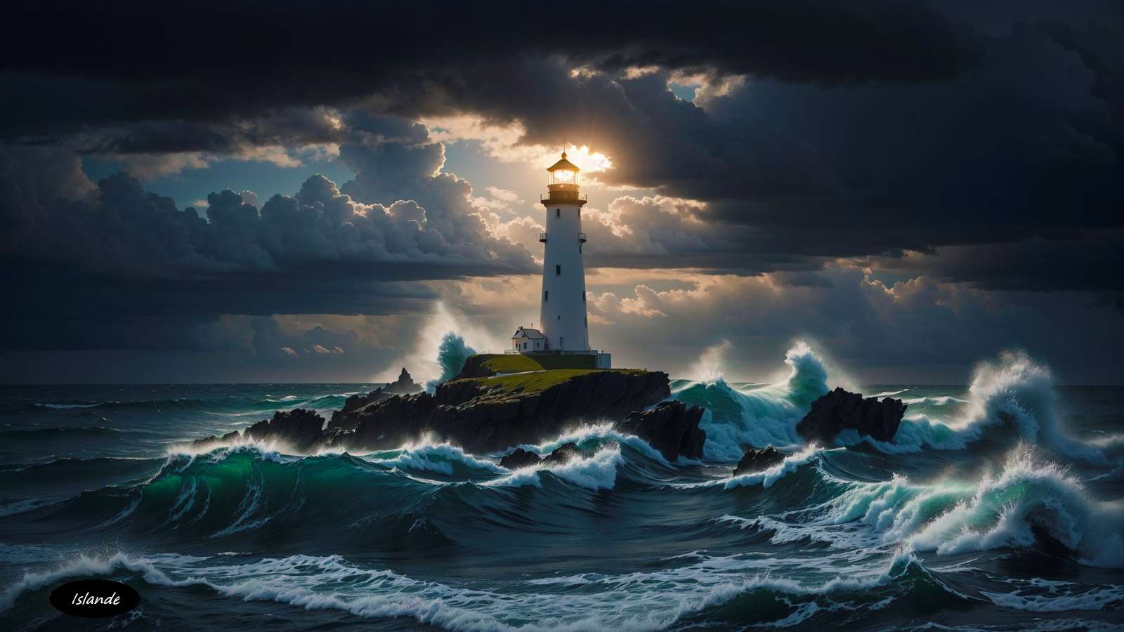 Világítótorony a tengeren a viharban online puzzle