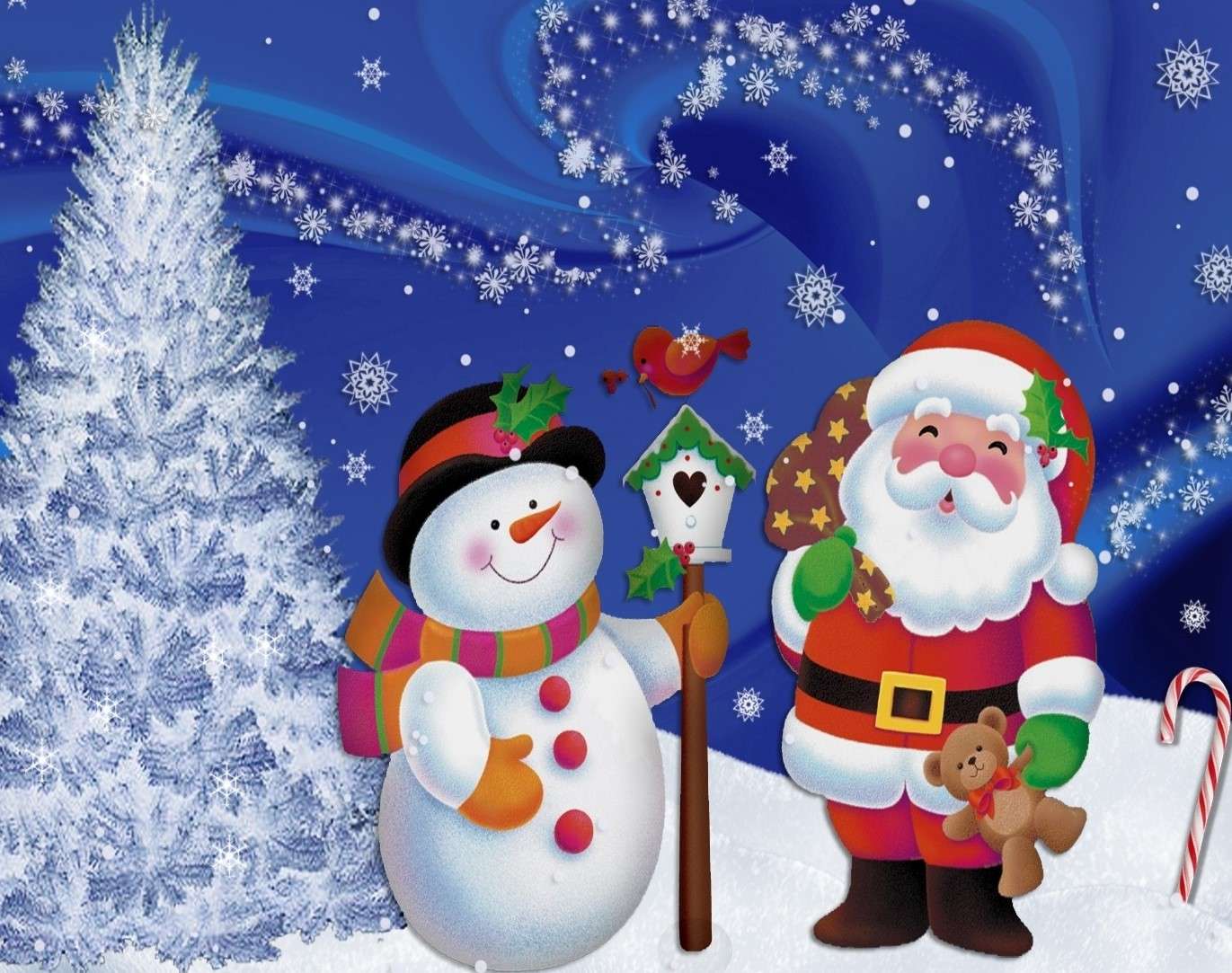 Babbo Natale con un pupazzo di neve vicino all'albero di Natale puzzle online