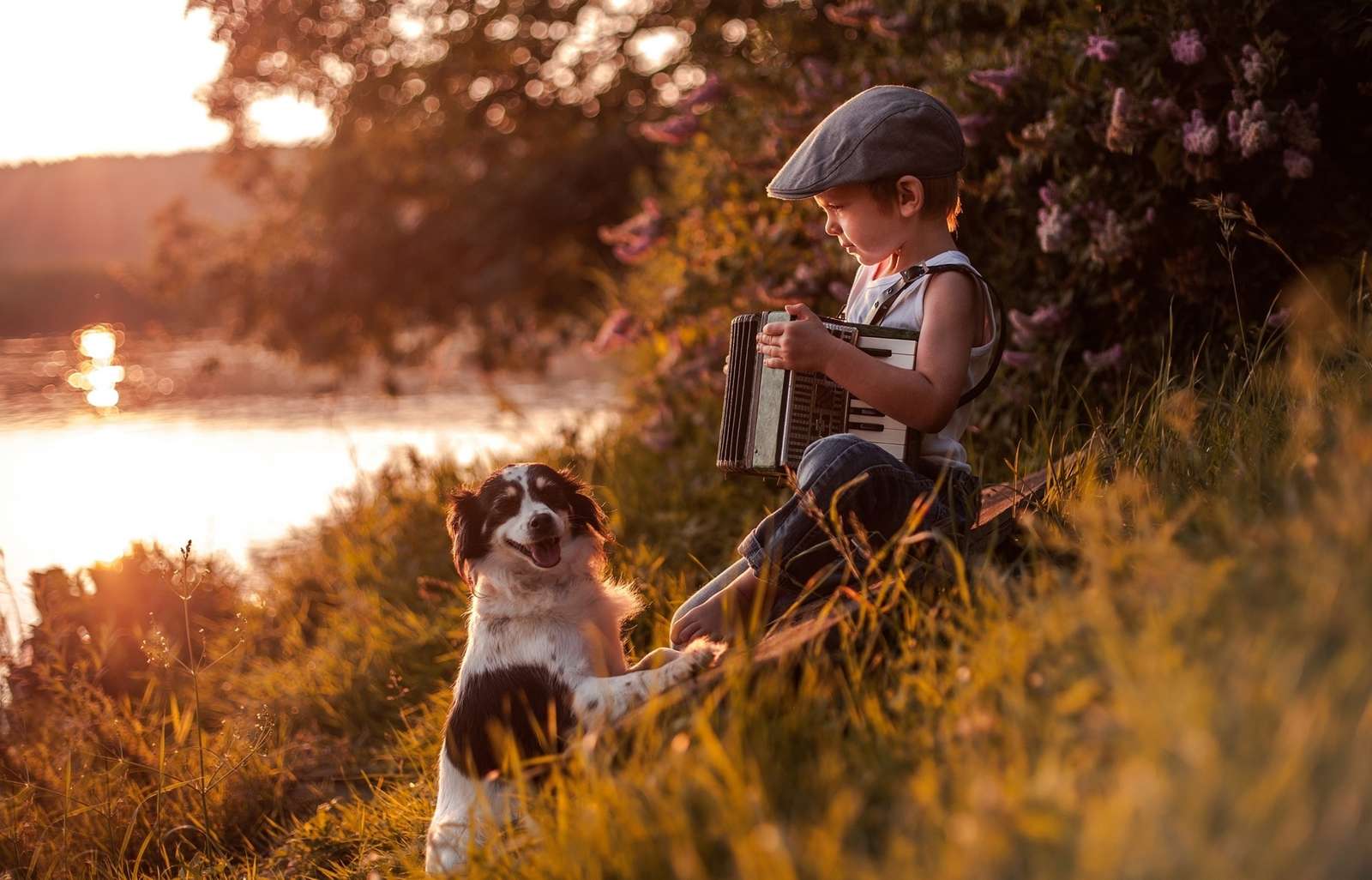 Мальчик с аккордеоном и собакой у реки пазл онлайн