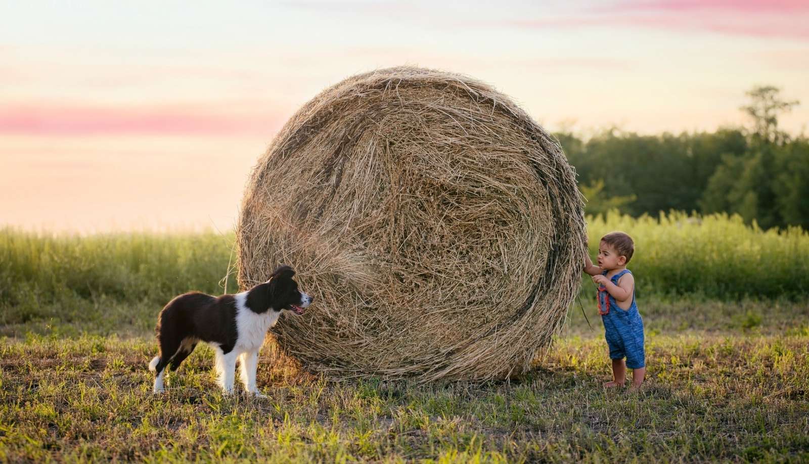 Border collie and a little boy next to a bale of hay online puzzle