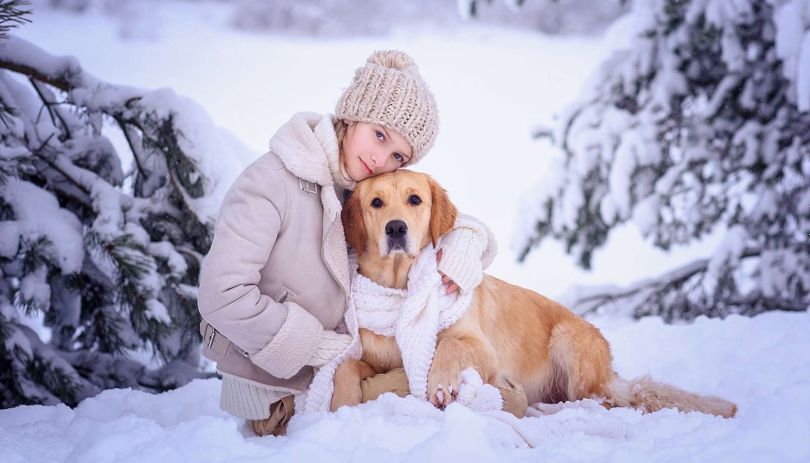 Маленькая девочка и золотистый ретривер в шарфе на снегу пазл онлайн