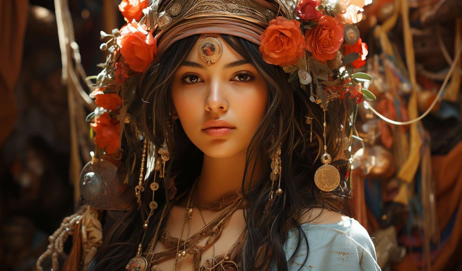 Mujer joven con adorno de cabeza étnico rompecabezas en línea