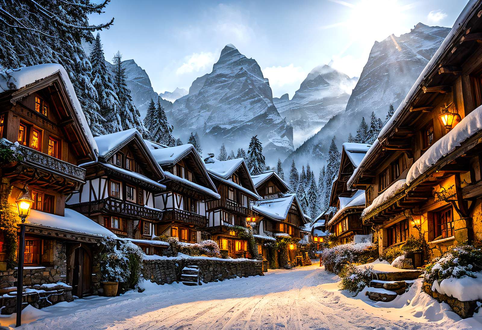 Winter in an alpine town jigsaw puzzle online