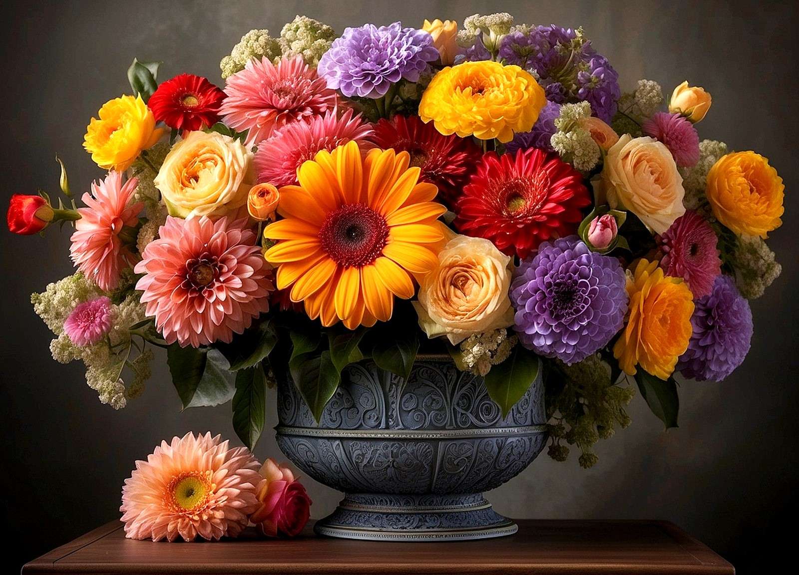 Ein kunstvoller Blumenstrauß in einer gusseisernen Vase Puzzlespiel online