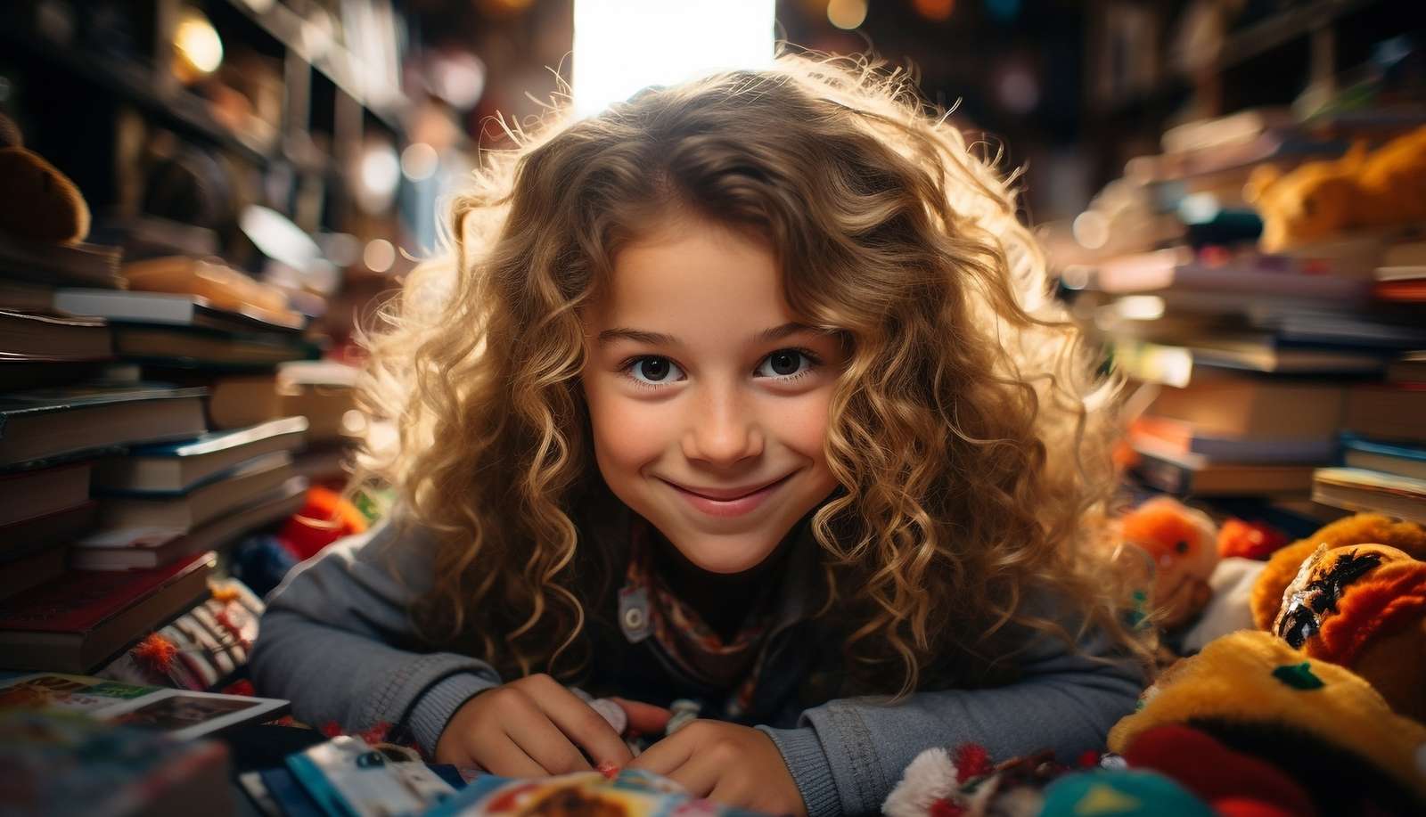 Een meisje in krullen op de achtergrond van boeken online puzzel