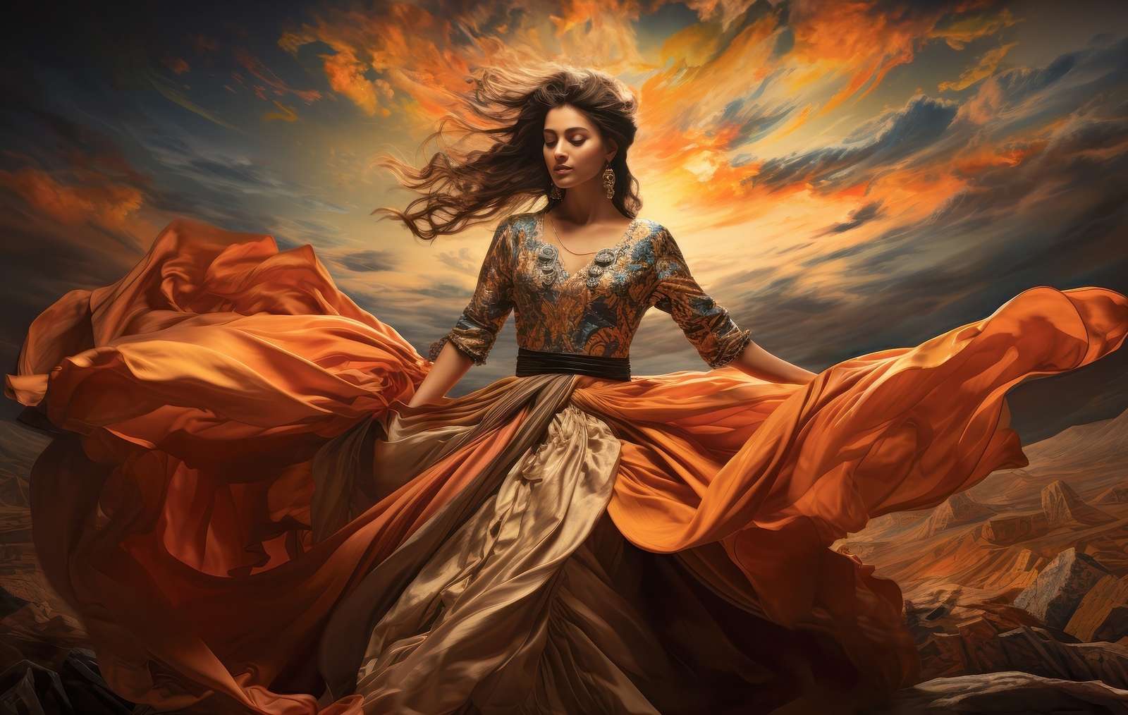 Una donna in abito lungo che balla contro il cielo puzzle online