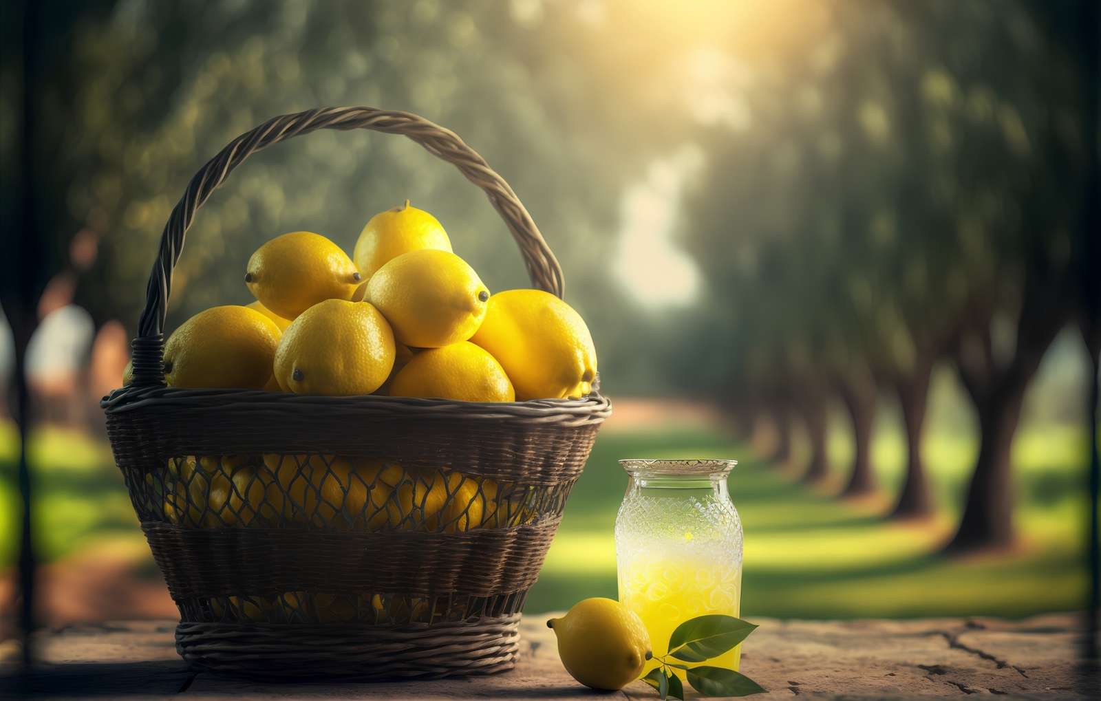Ένα καλάθι με λεμόνια δίπλα σε ένα βάζο με χυμό online παζλ