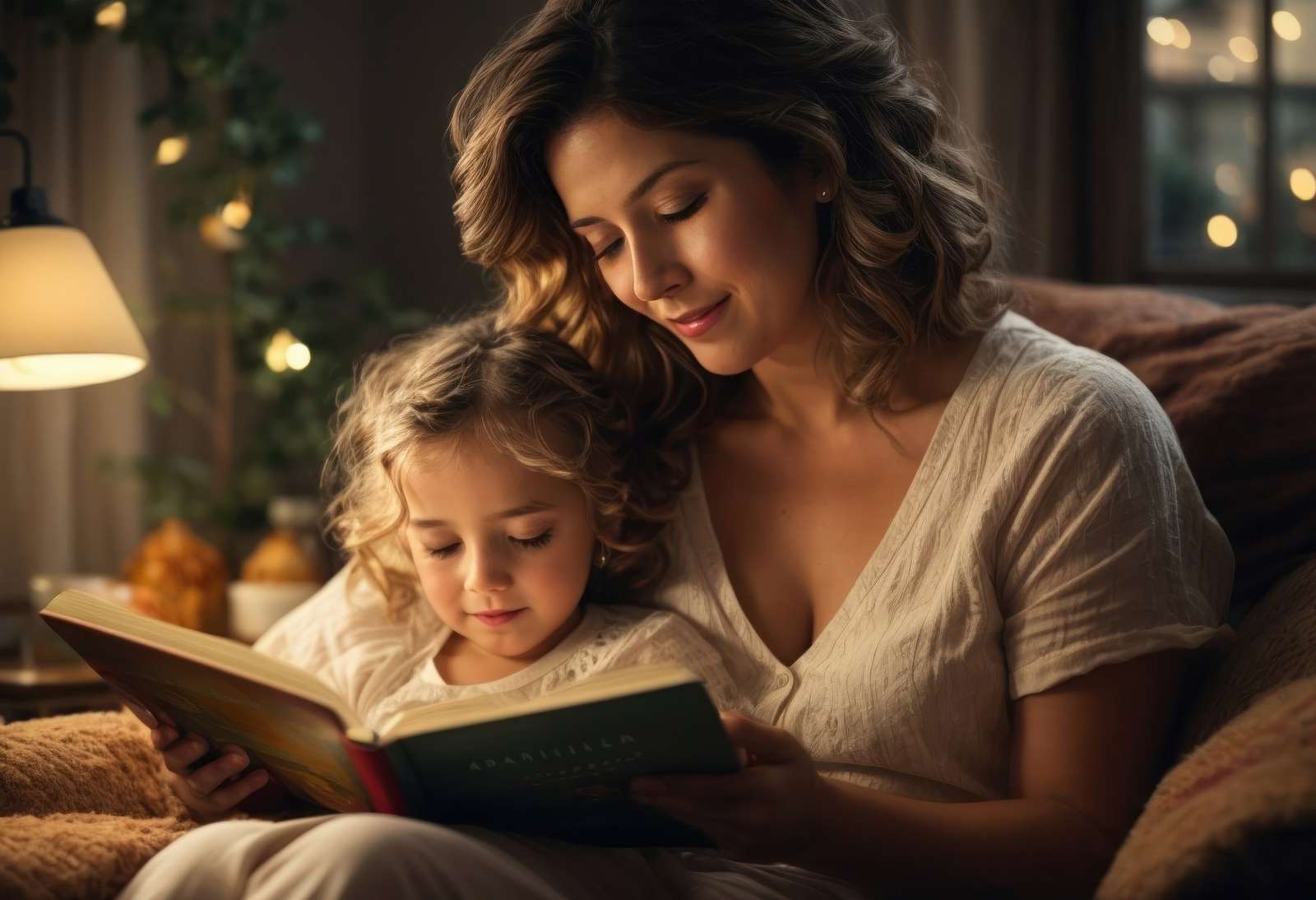 Mamma läser en bok för sin dotter Pussel online