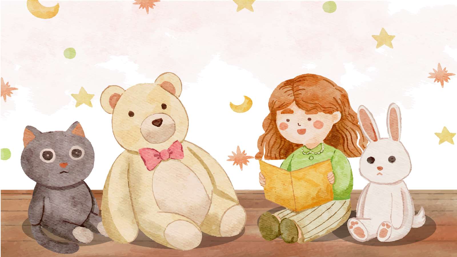 Girl with her stuffed animals jigsaw puzzle online