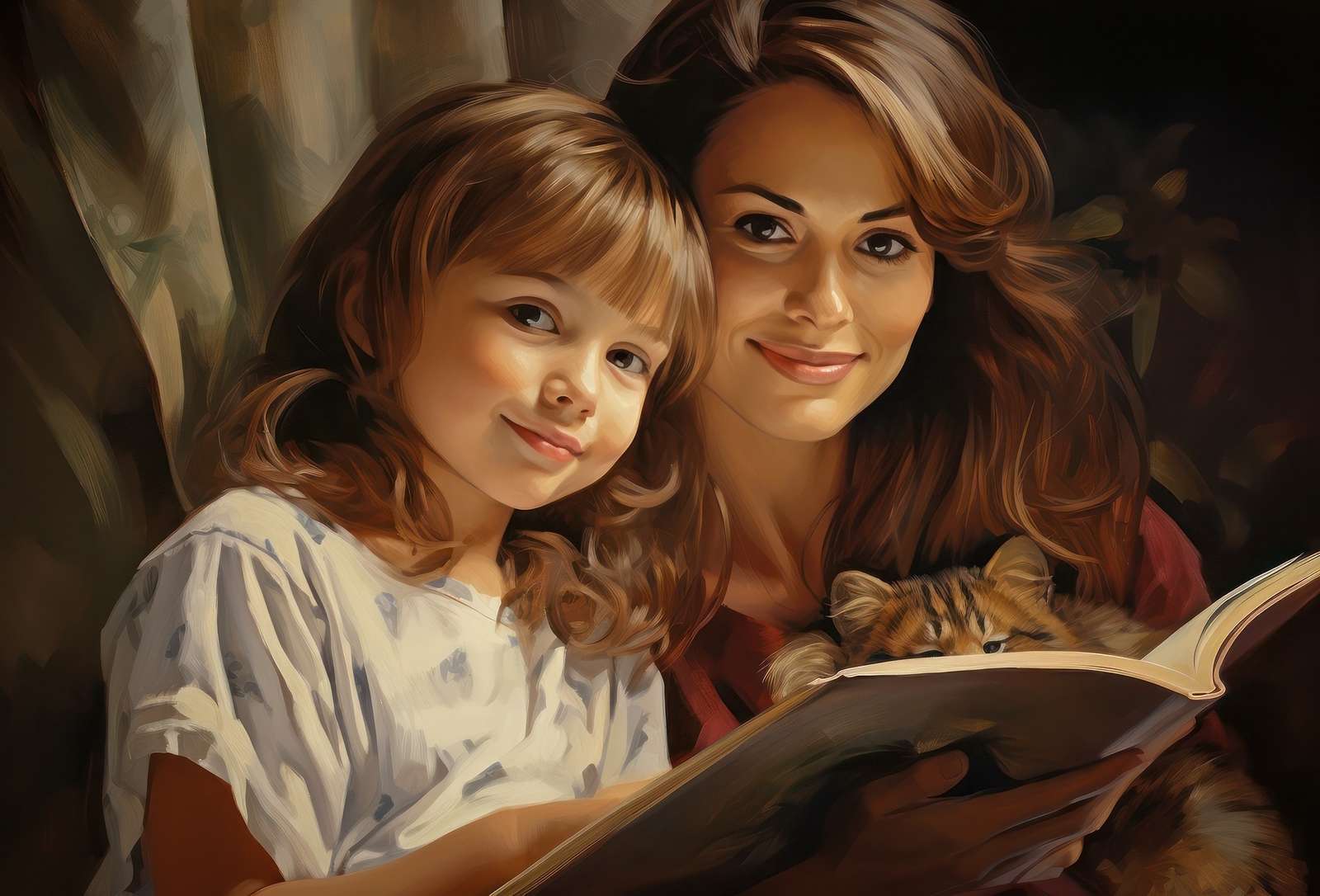 Mãe com sua filha e um livro puzzle online