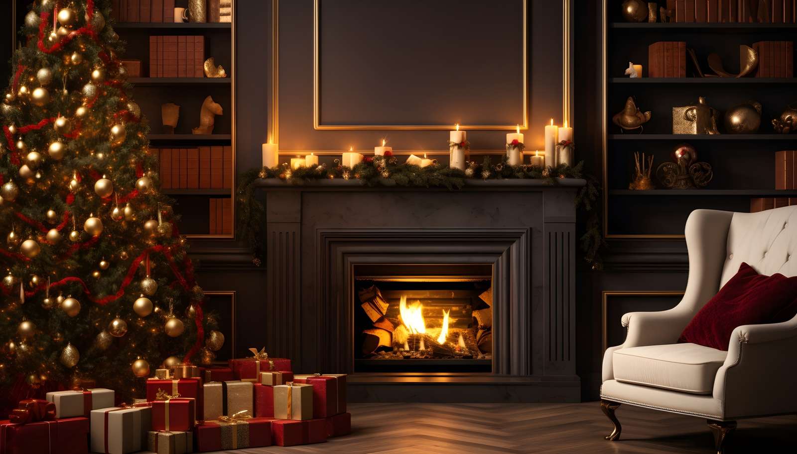 Ajándékok a karácsonyfa alatt és egy fotel a kandalló mellett online puzzle