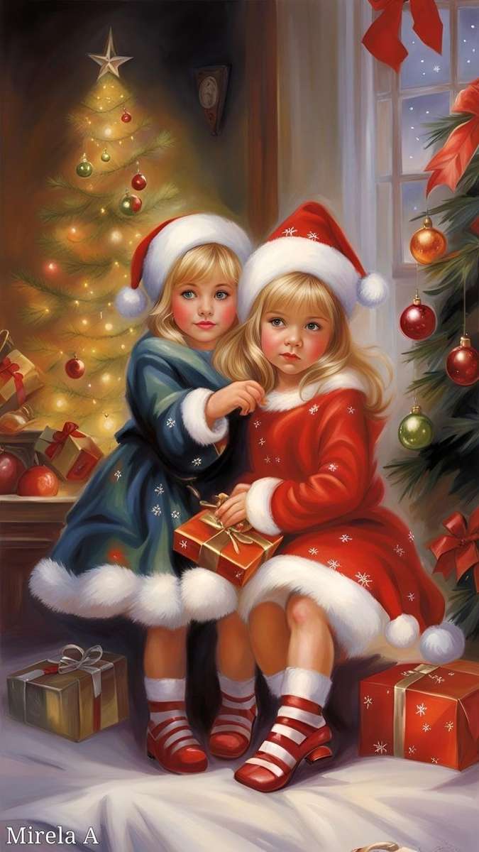 Petites filles à côté du sapin de Noël puzzle en ligne