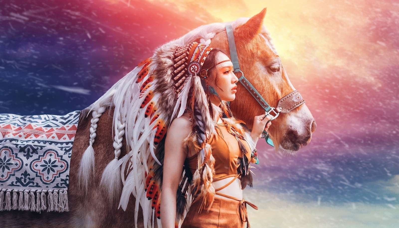 Woman in a headdress with a horse online puzzle