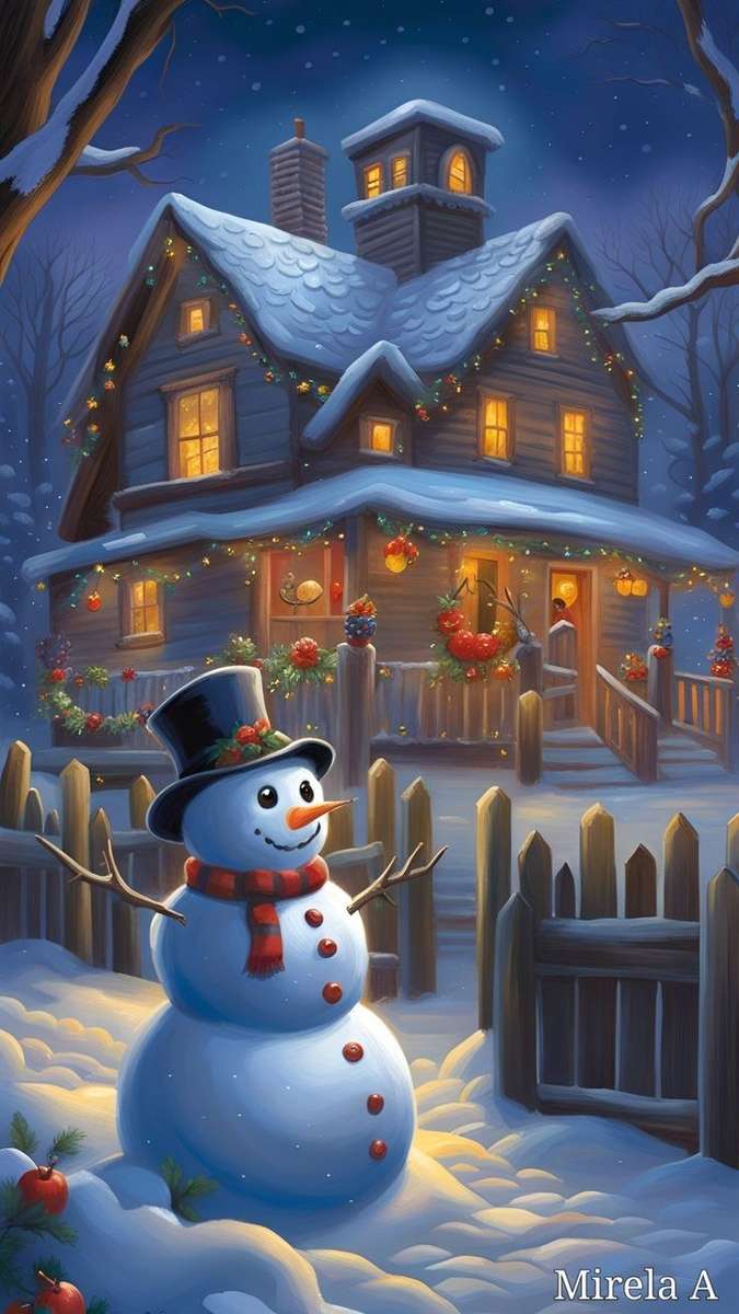 Snowman near the fence jigsaw puzzle online