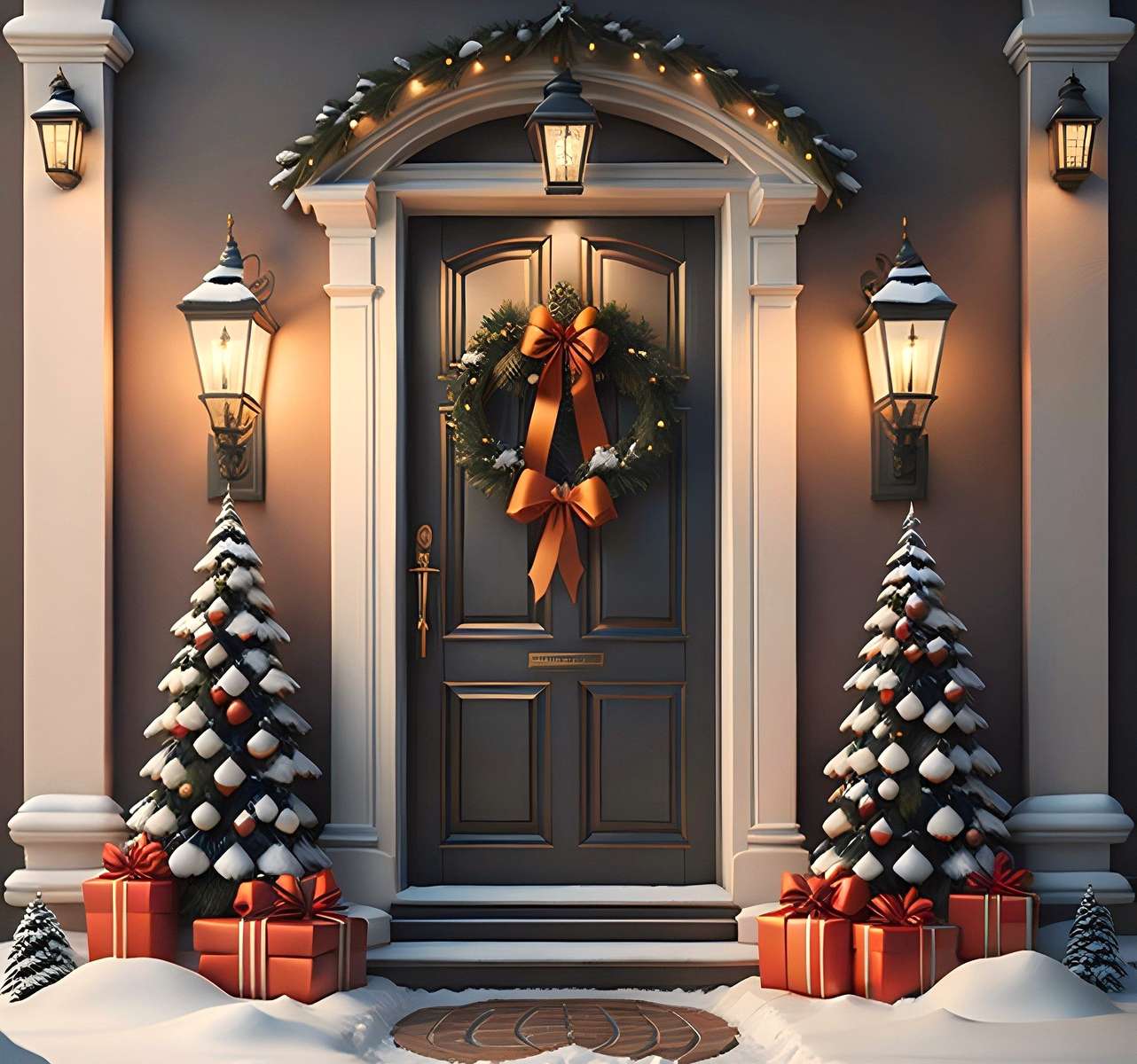 Christmas decorations in front of the entrance to the house jigsaw puzzle online