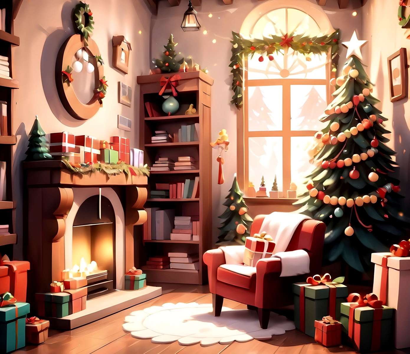 クリスマスツリーが飾られ、プレゼントが包まれます オンラインパズル