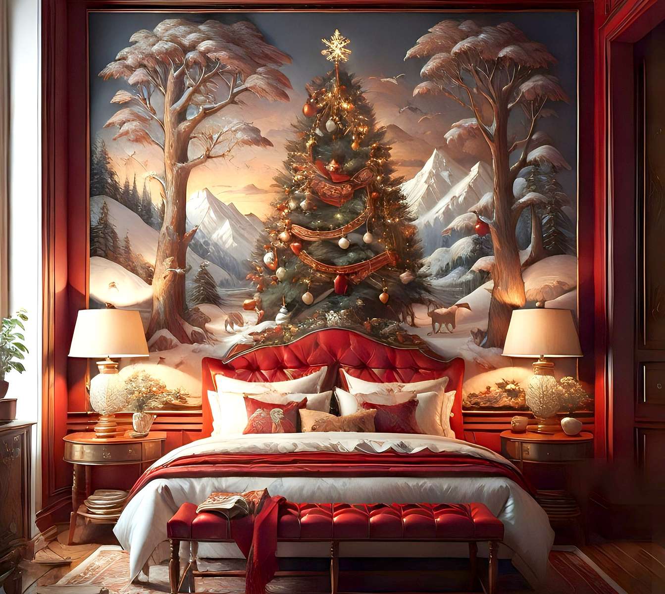クリスマスのタペストリーのあるベッドルーム オンラインパズル