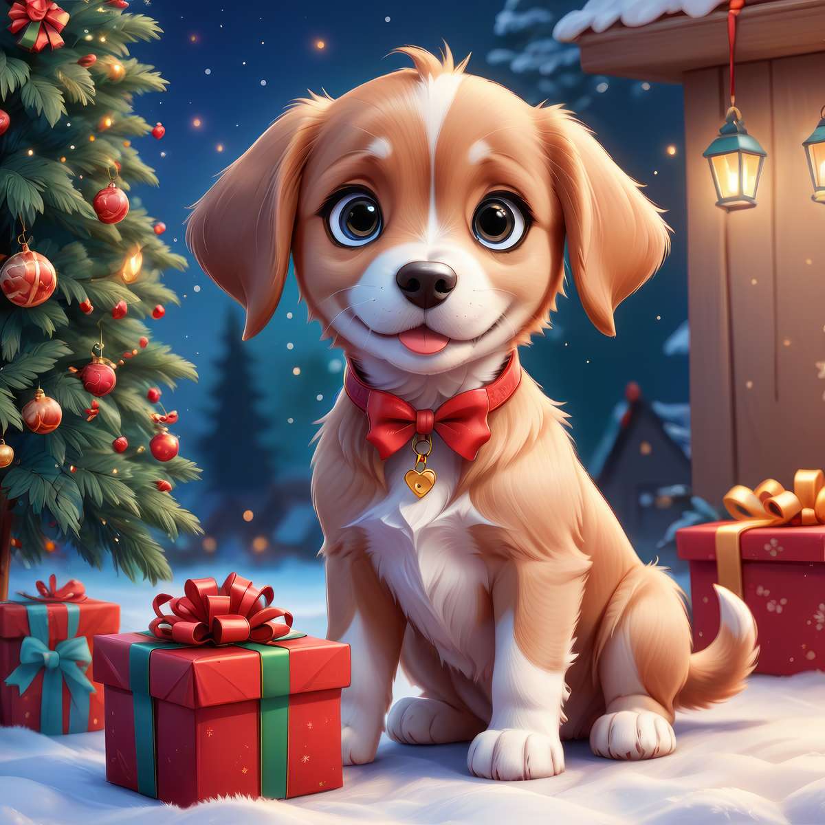 Cachorrinho com presente de Natal quebra-cabeças online