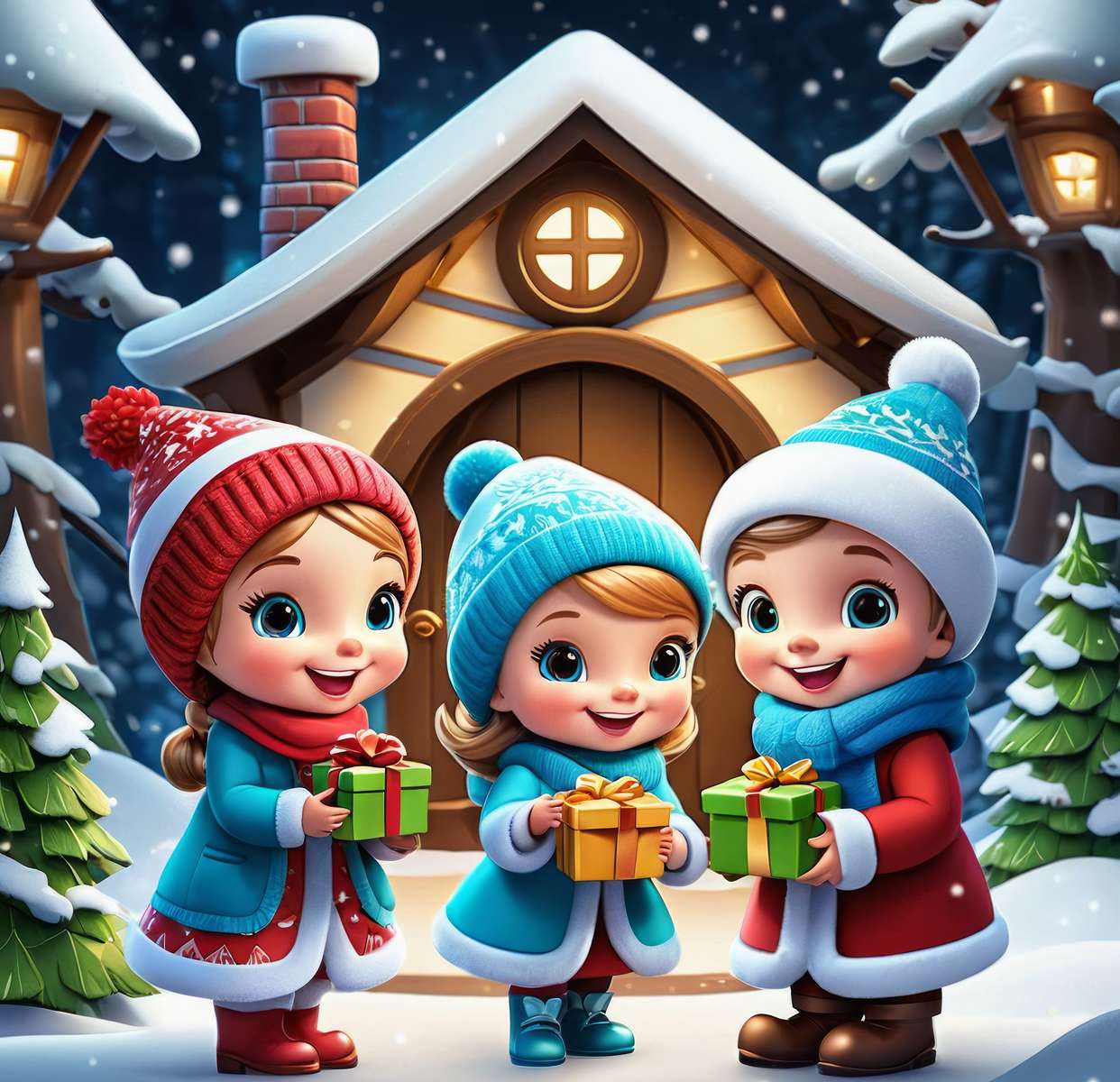 Kinderen met kerstcadeautjes legpuzzel online