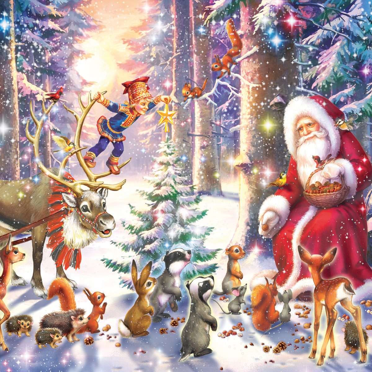 Papai Noel encontrando animais na floresta quebra-cabeças online