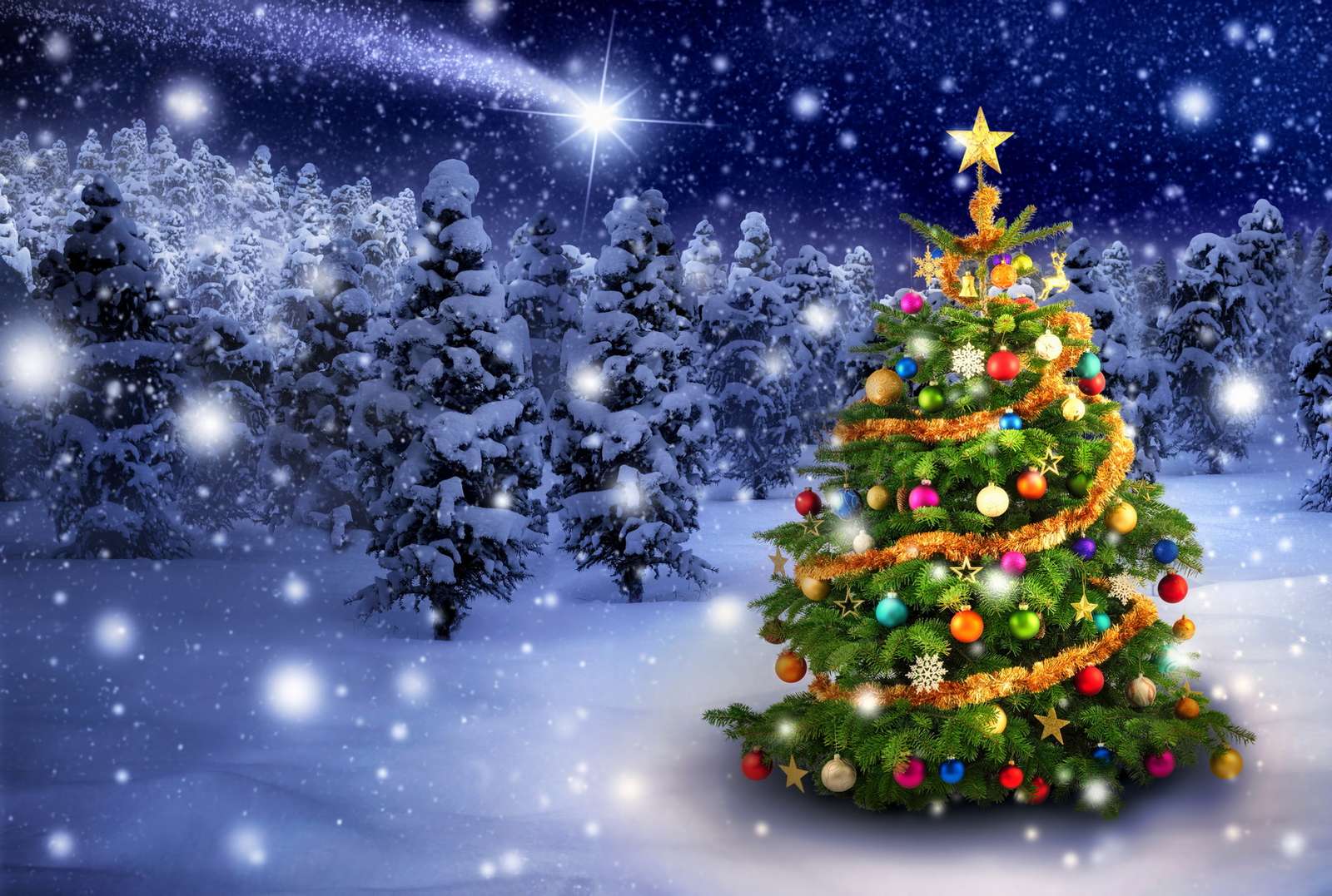 Christmas tree illuminated by the star of Bethlehem online puzzle