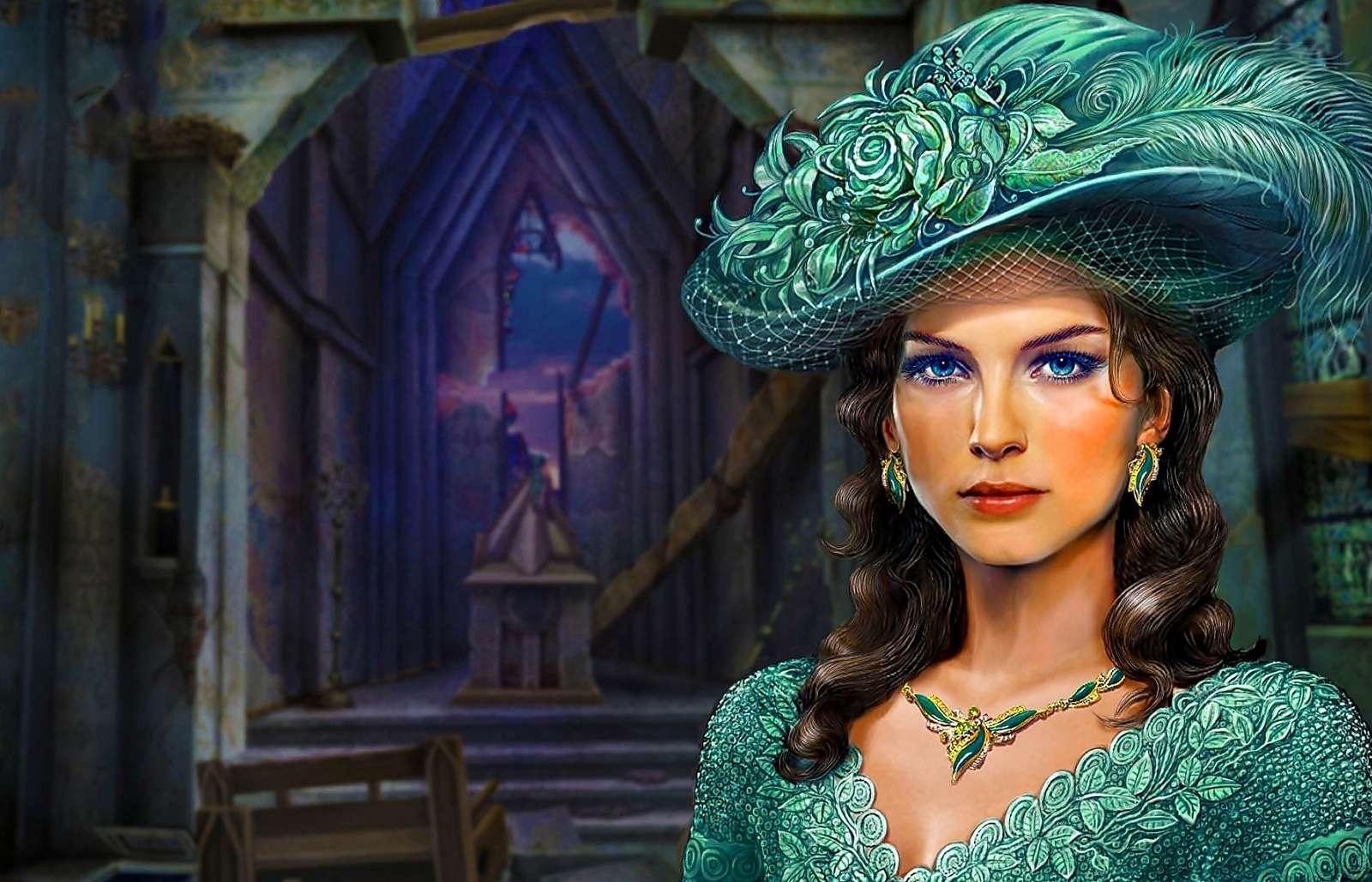 Жінка в зеленому капелюсі та ювелірні вироби онлайн пазл