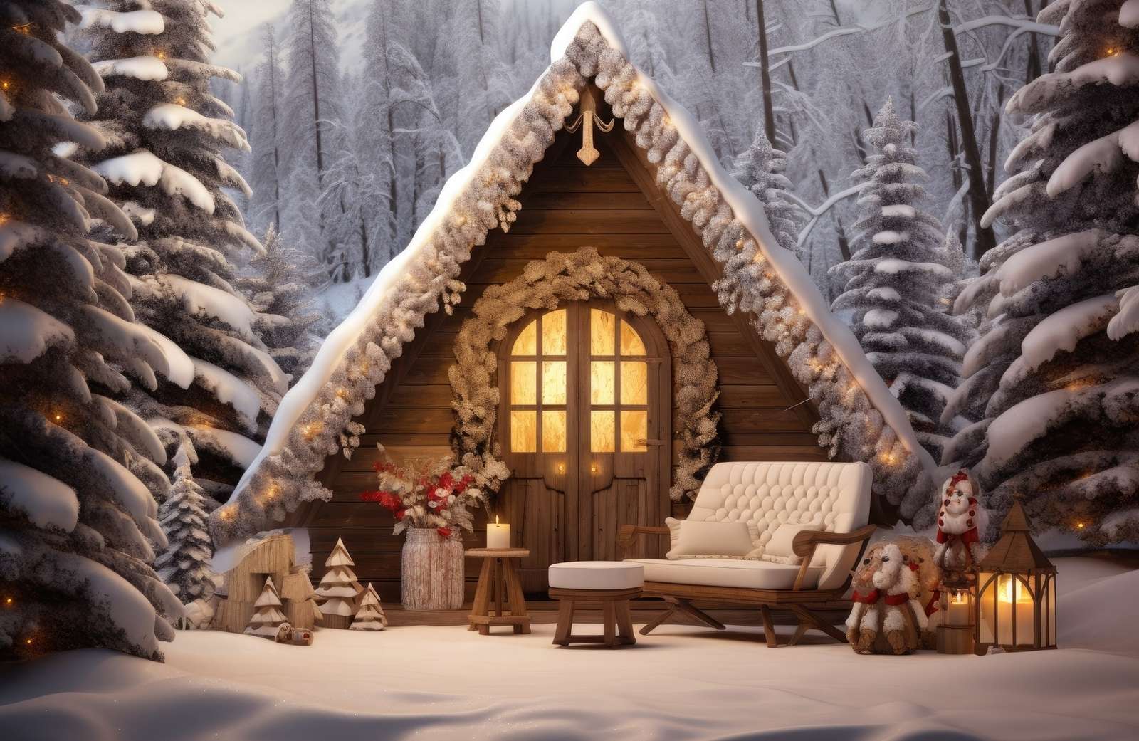 En lykta och en soffa i snön framför ett upplyst hus pussel på nätet