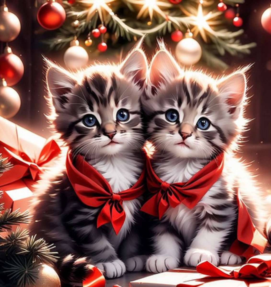 милі різдвяні кошенята та дрібнички пазл онлайн
