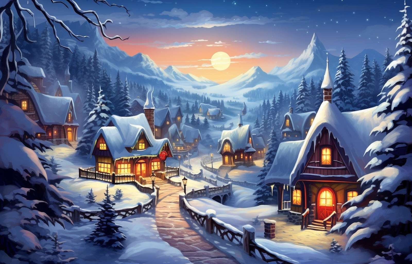 Cottage illuminati in una valle di montagna invernale puzzle online