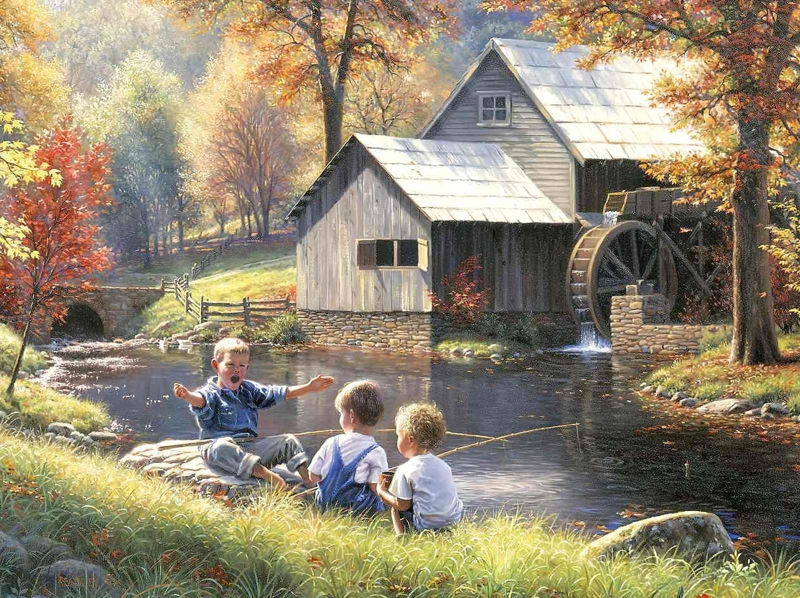 Children go fishing in the countryside in summer jigsaw puzzle online